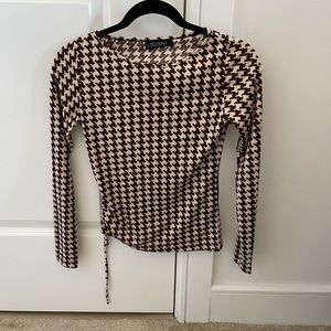 Ted Bodin Brown Beige Houndstooth Pattern Longsleeve Shirt with Drawstring